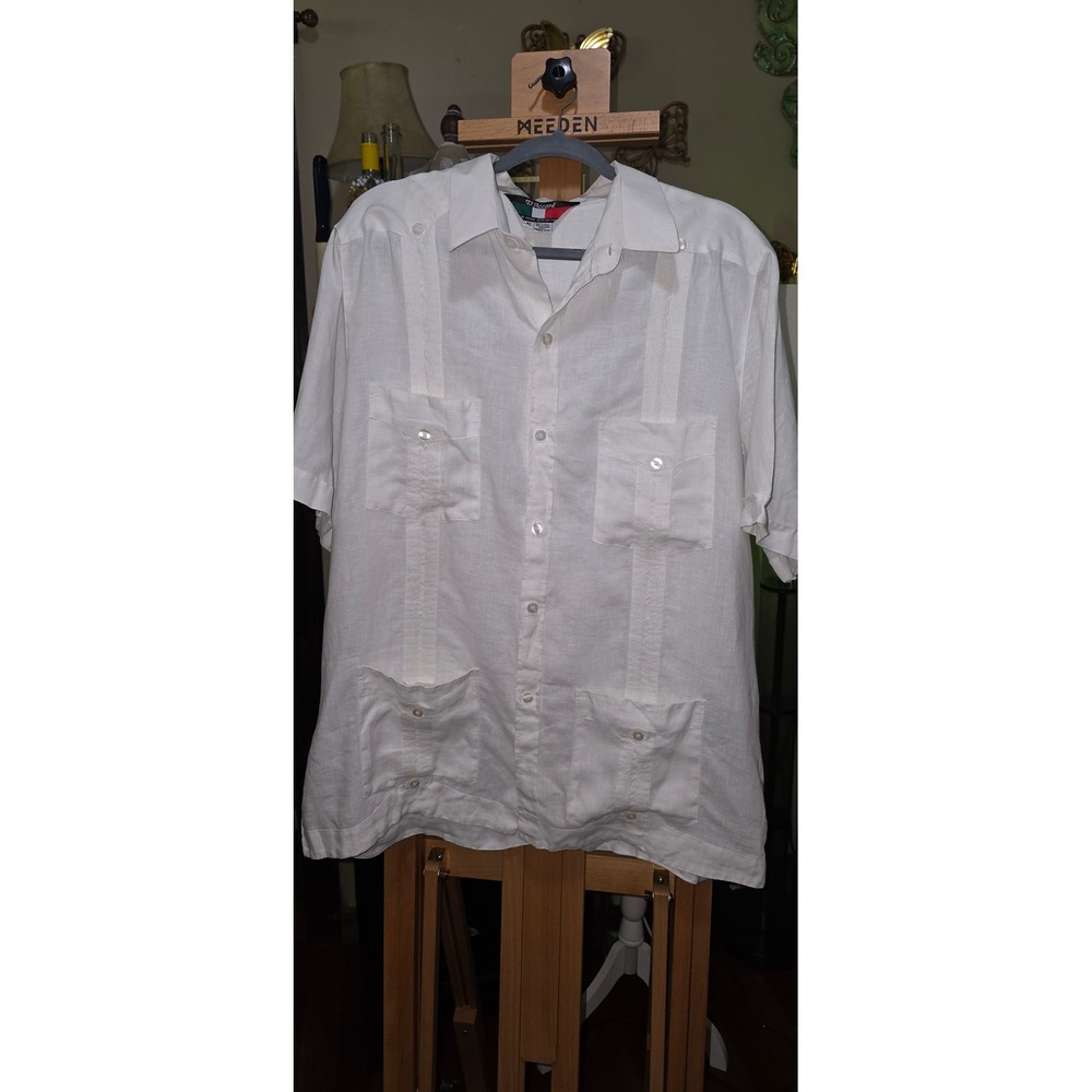D'Accord Mens White 100% Italian Linen Short Sleeve Guayabera Shirt XL Mexico